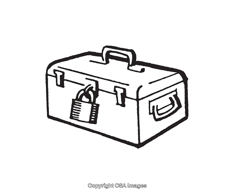 Black and White Line Art of a Secured Toolbox with a Lock