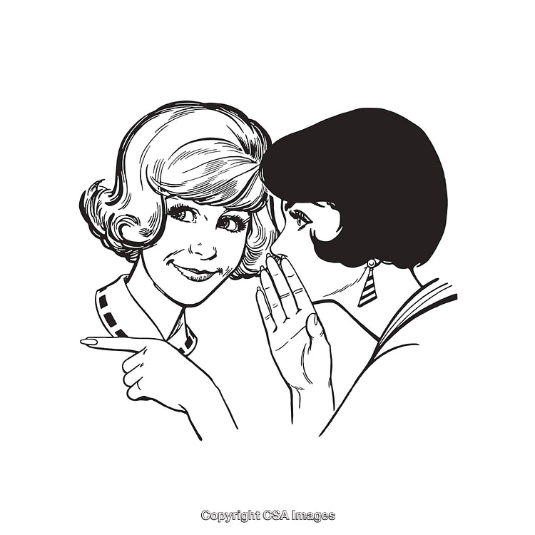 Vintage Line Art Illustration of Two Women Sharing a Secret