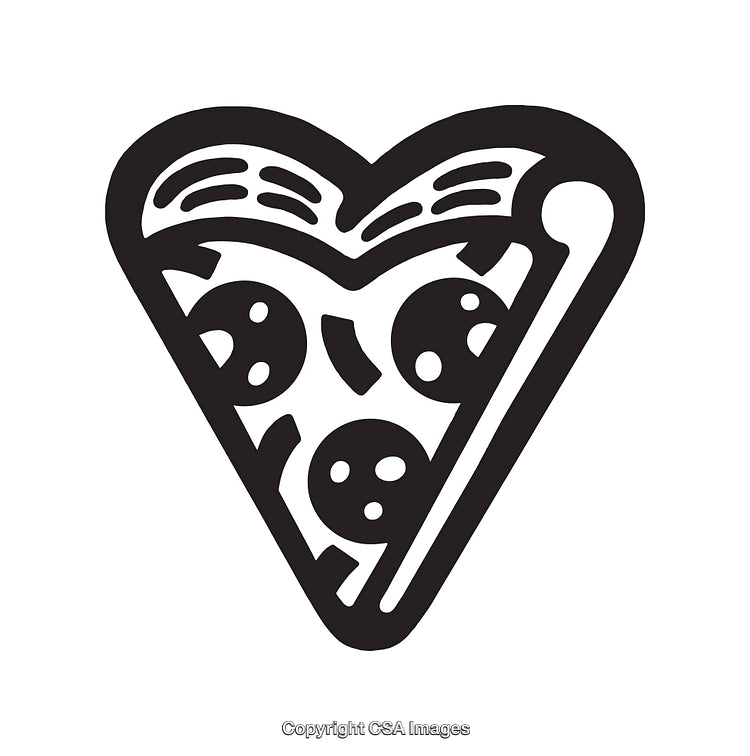 Black and White Line Art of Heart Shaped Pizza Slice Illustration