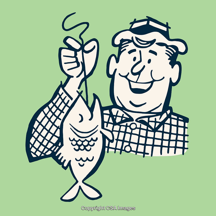 Retro Line Art of Happy Fisherman Holding a Caught Fish
