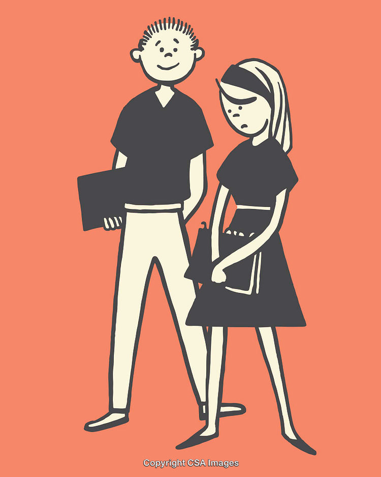 Retro-Style Illustration of Two People Standing Together on a Vibrant Background