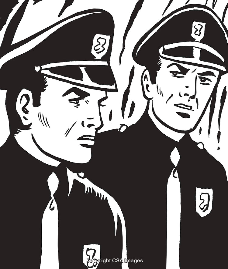 Black and White Drawing of Policemen in Formal Uniform