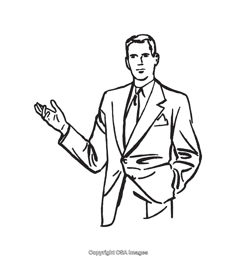 Black And White Line Art Illustration of Confident Businessman in Suit