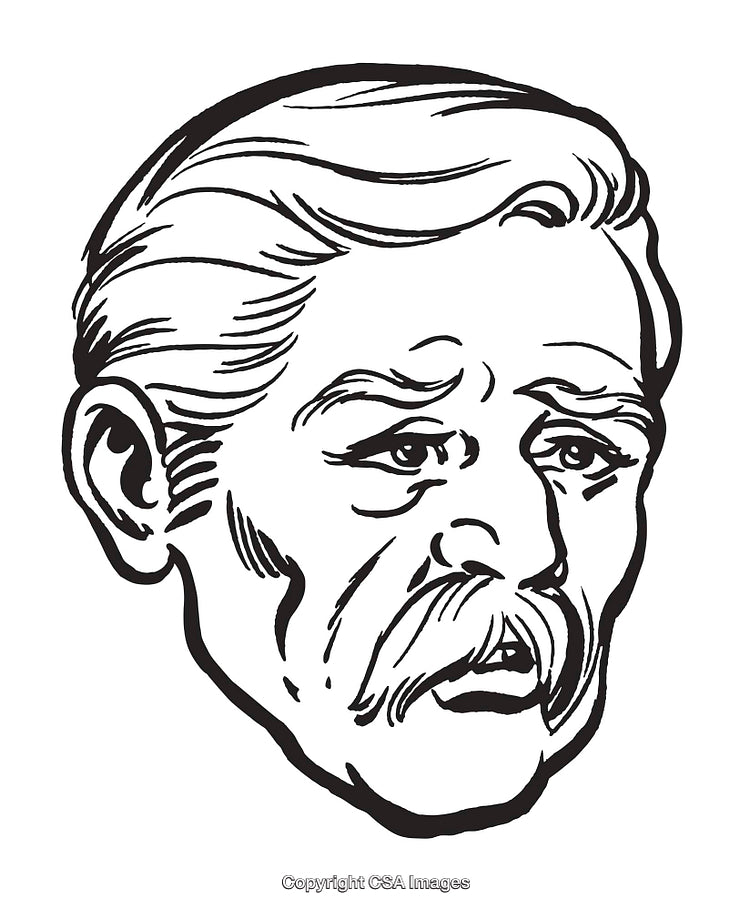 Vintage Illustration of a Thoughtful Elderly Man with Mustache and Concerned Expression
