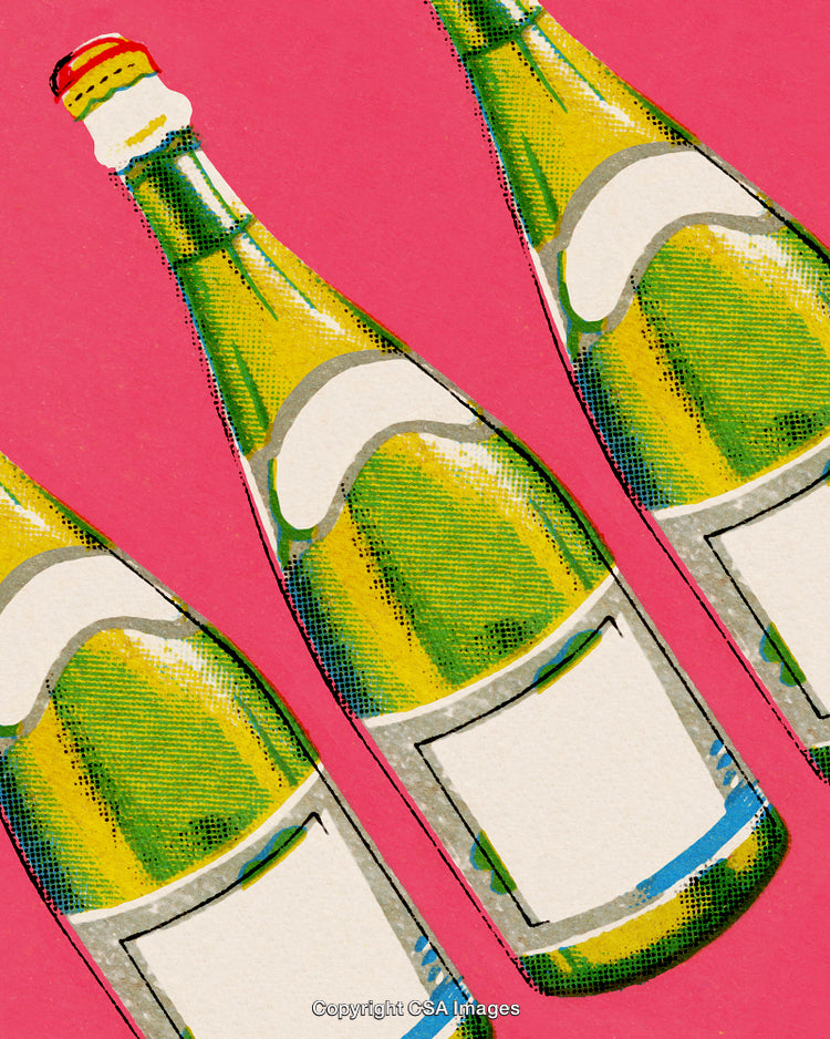 Colorful Pop Art Style Illustration of Champagne Bottles on Pink Background