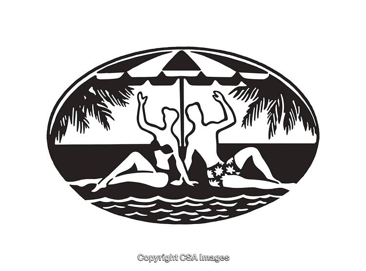 Black and White Beach Illustration with Relaxing Figures Under an Umbrella