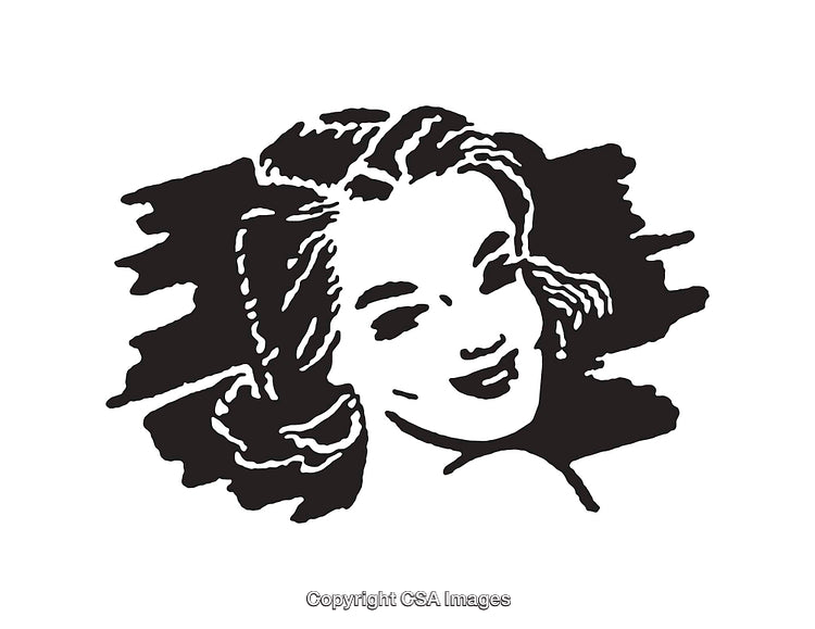 Retro Black And White Line Art Illustration of a Smiling Woman