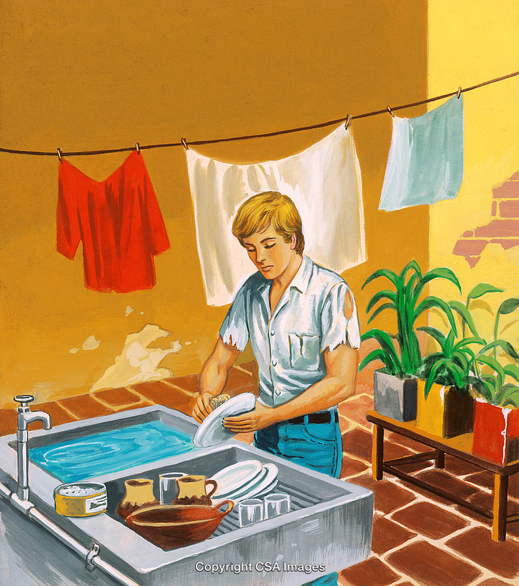 Man Washing Dishes Outdoors by Sink Surrounded by Plants and Laundry