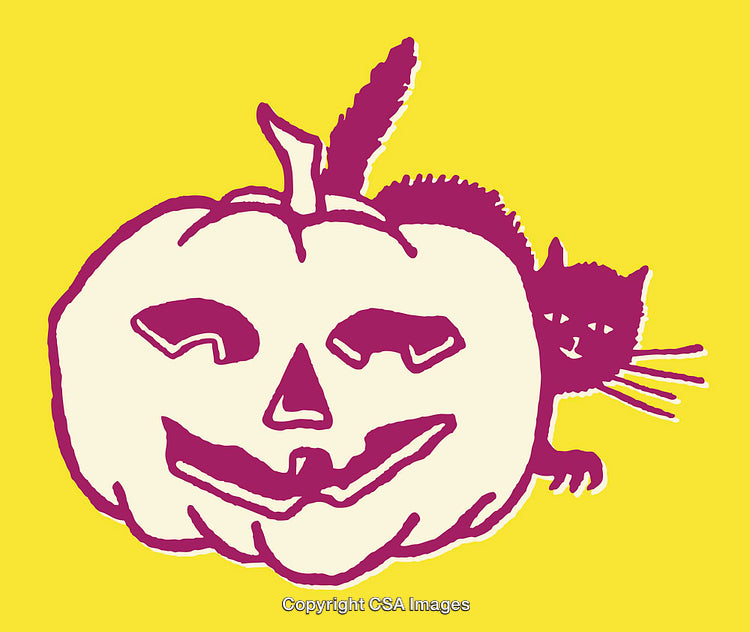 Stylized Halloween Illustration of Cat and Jack-O'-Lantern with Yellow Background