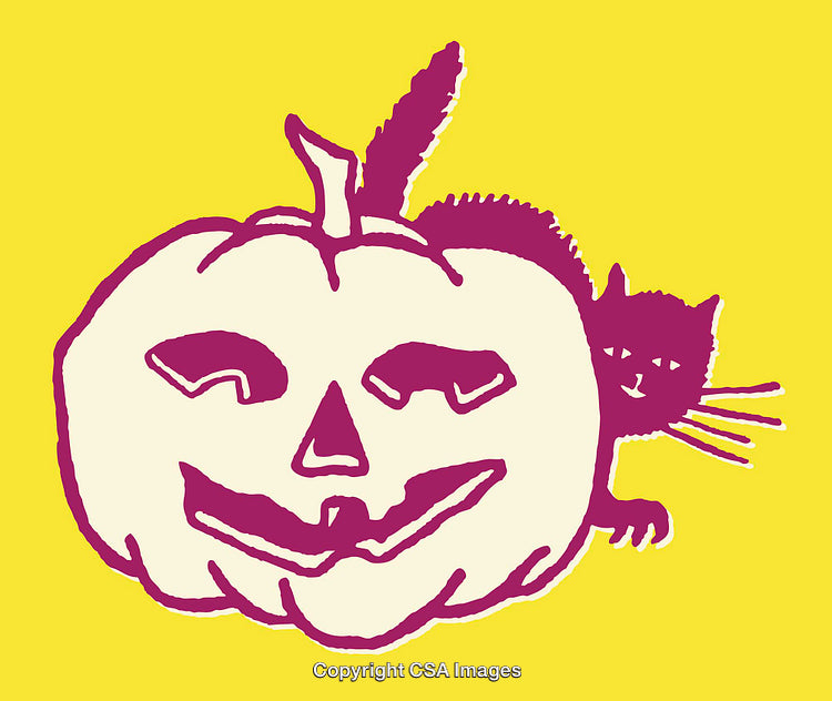 Stylized Halloween Illustration of Cat and Jack-O'-Lantern with Yellow Background