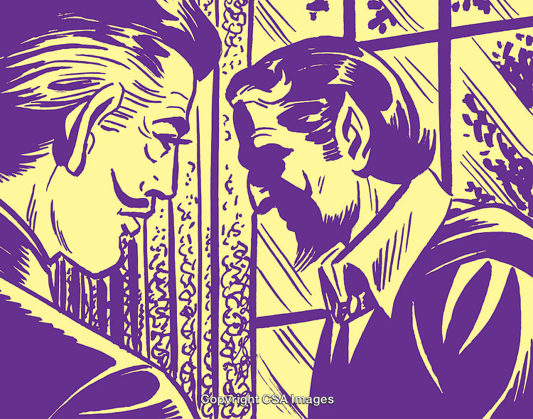Vintage Style Illustration Depicting Two Men in Conversation by a Window