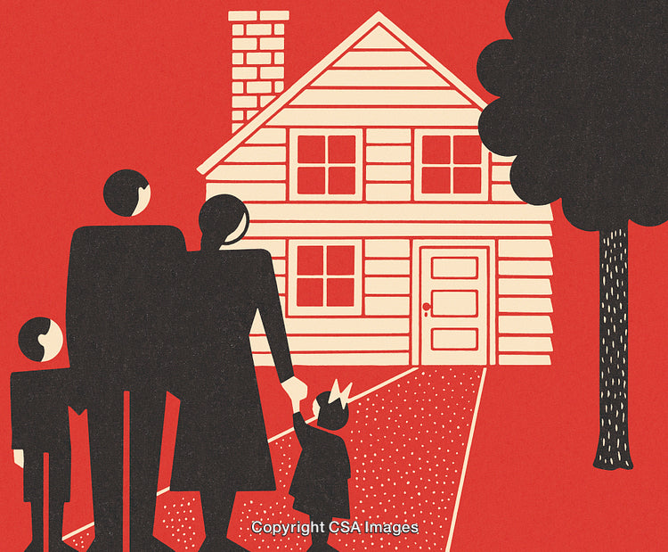 Retro Graphic Depicting Family in Front of Their Cozy Home