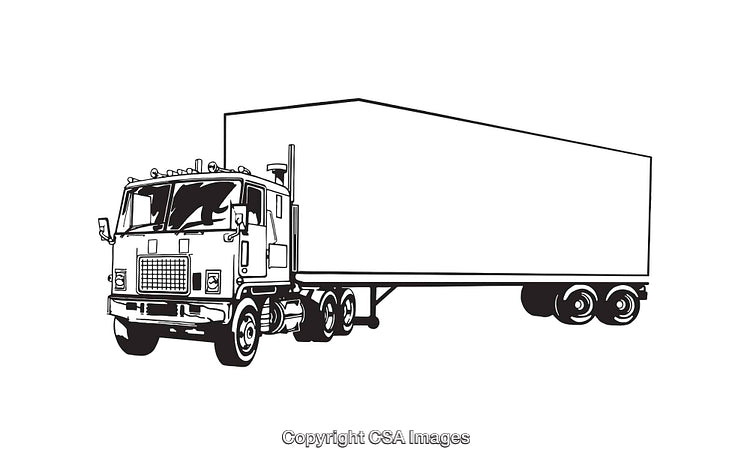 Black and White Line Art Illustration of a Semi Truck With Trailer