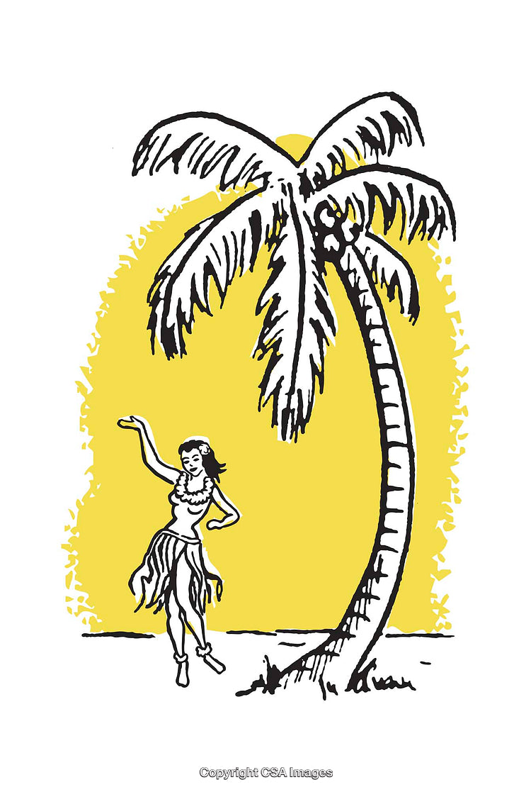 Retro Styled Tropical Illustration with Dancer and Palm Tree Scene