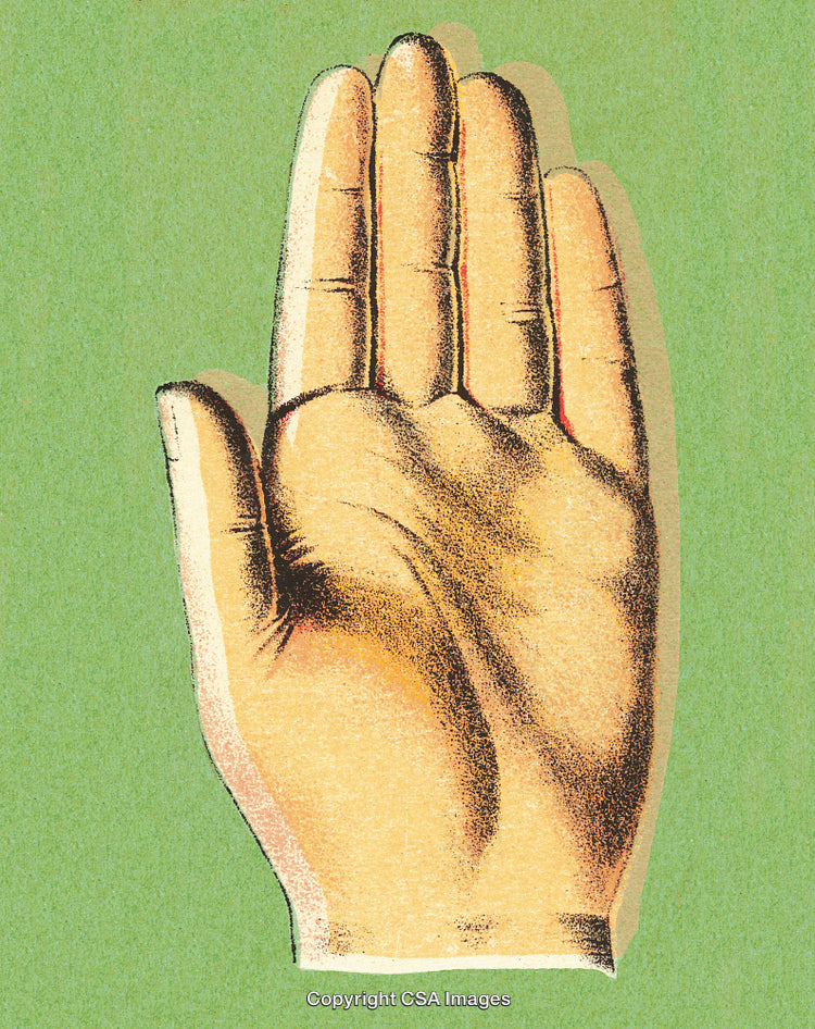 Vintage Illustration of a Raised Hand on a Green Textured Background