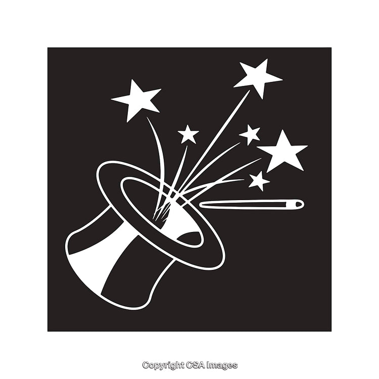 Black and White Magic-Themed Illustration with Stars and Wand