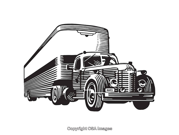 Vintage Styled Black and White Semi Truck Line Art Illustration