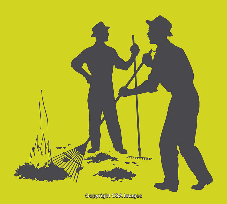 Two Individuals Raking and Burning Debris in Silhouette Art Style