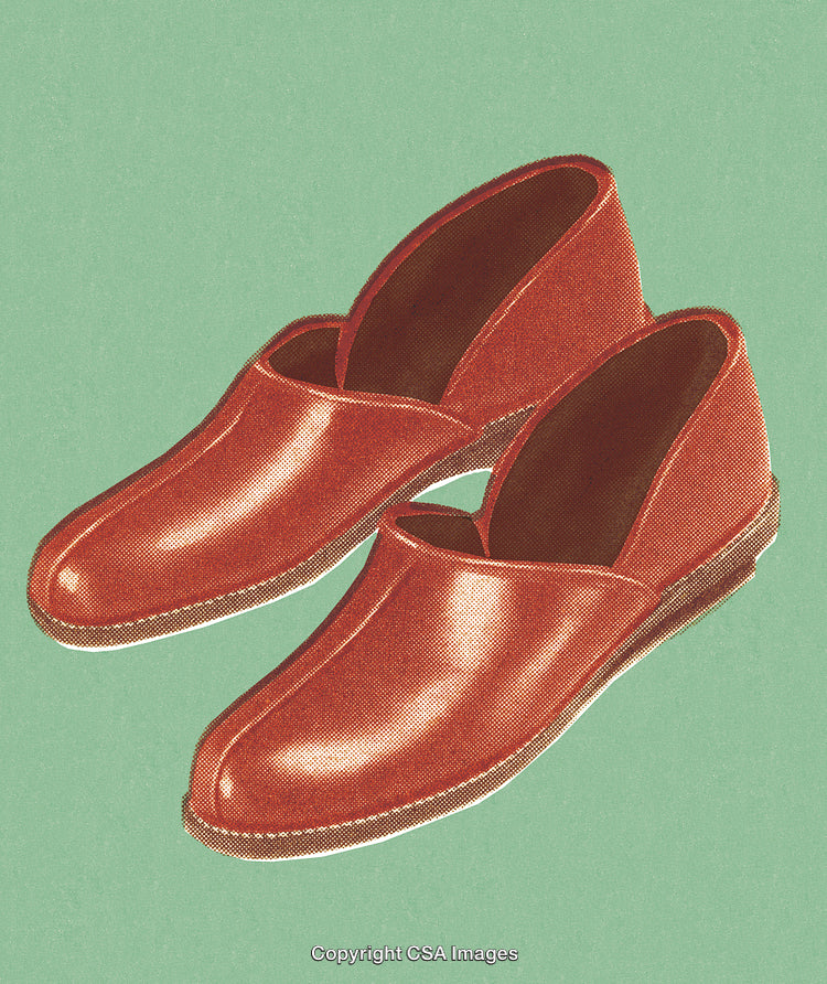 Illustration of Red Leather Shoes on a Green Background in a Vintage Style