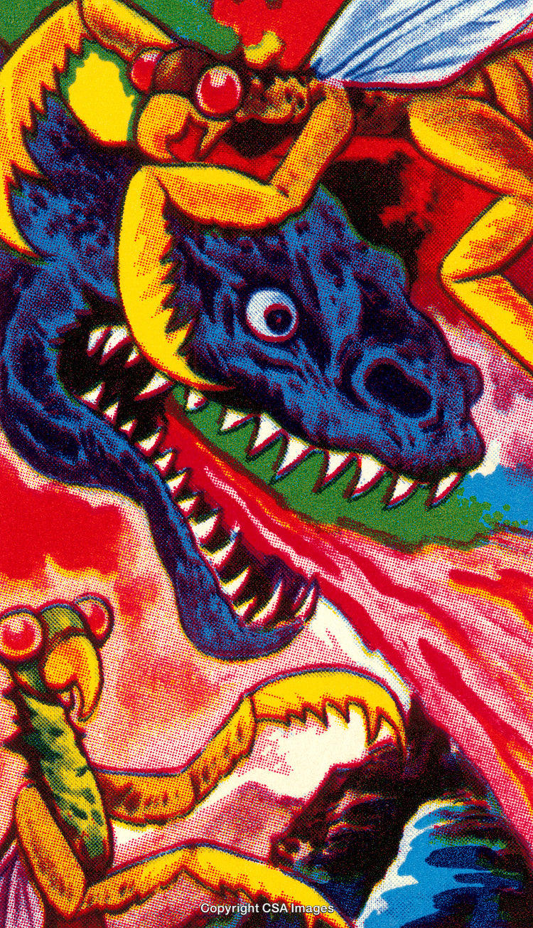 Bright Fantasy Art Depicting Dinosaur and Insect-Like Creatures Engaged in a Battle