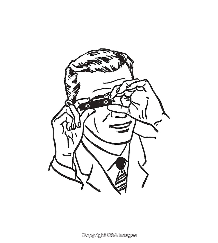 Retro Line Art of Man Using Binoculars in Black and White