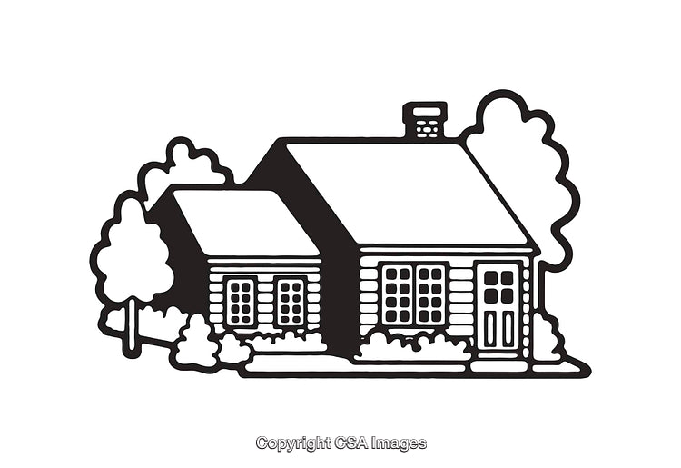 Classic Black and White Line Art Illustration of a Countryside Cottage