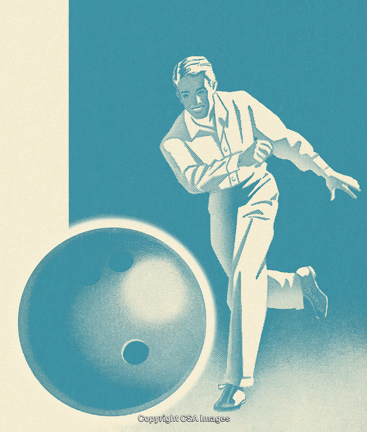 Retro Themed Bowling Illustration Featuring a Stylish Player and Ball