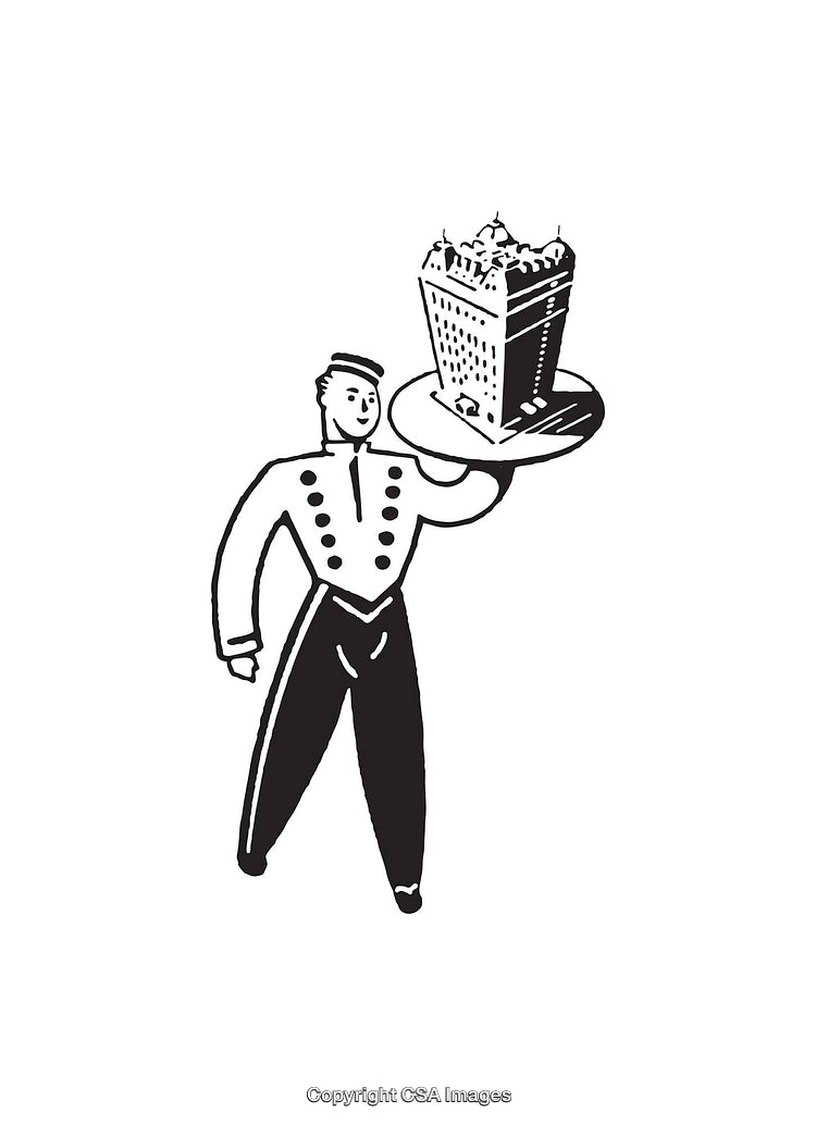 Black and White Drawing of a Waiter Carrying a Building on a Tray