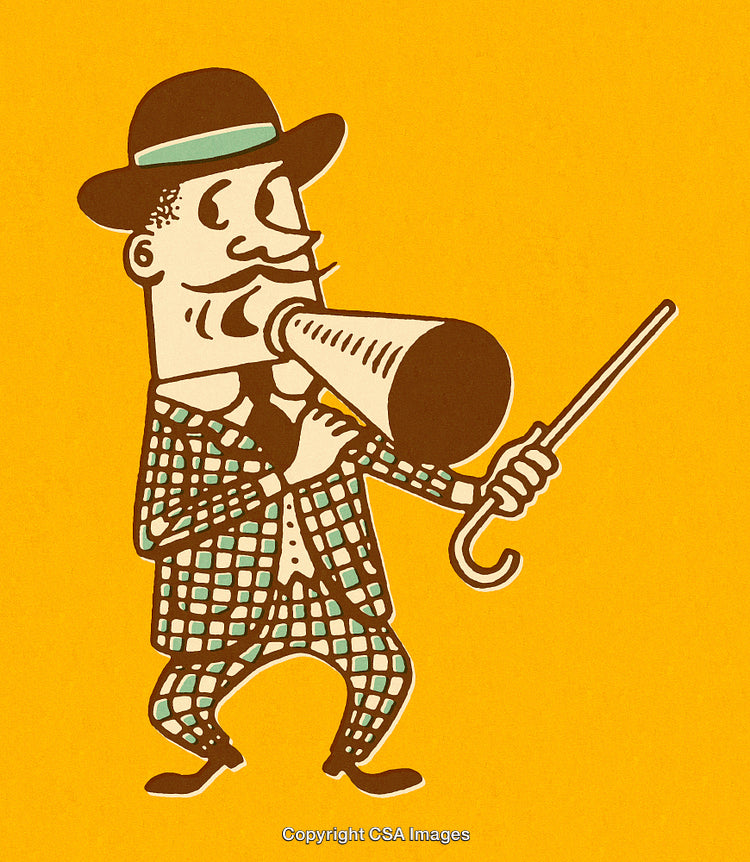 Retro Illustration of Man with Megaphone and Umbrella on Yellow Background