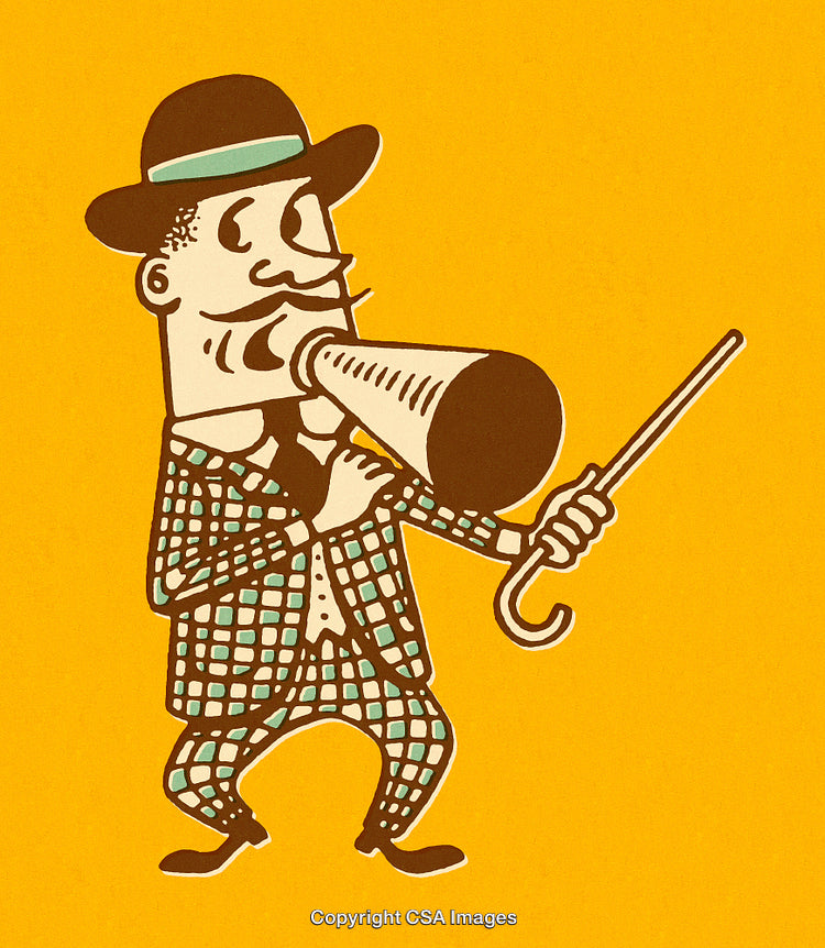 Retro Illustration of Man with Megaphone and Umbrella on Yellow Background