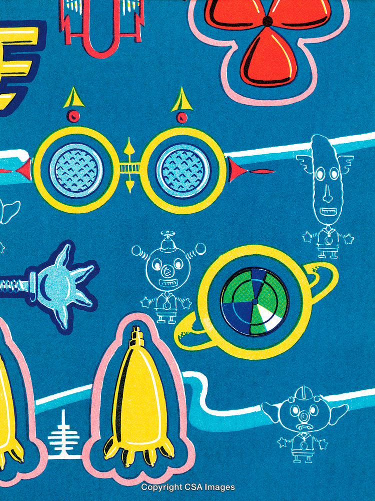 Colorful Abstract Illustration Featuring Geometric Shapes and Whimsical Character Designs