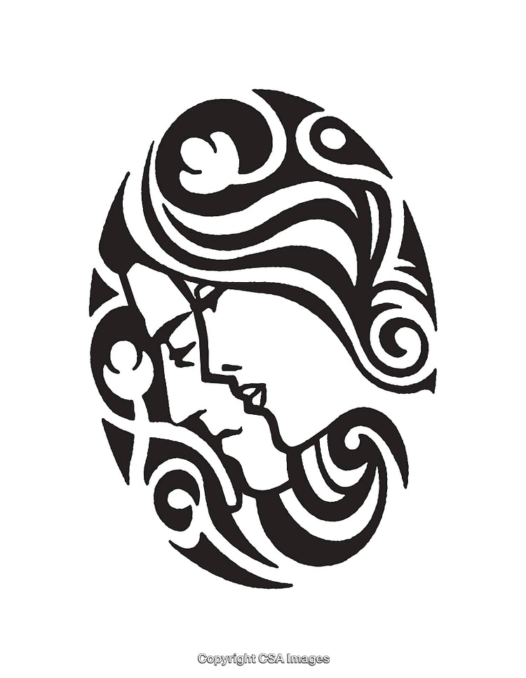Stylized Black and White Artwork Depicting Abstract Faces and Flowing Lines
