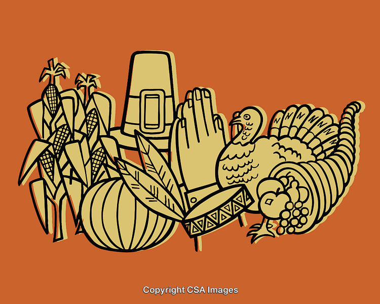 Thanksgiving Symbols Including Turkey, Cornucopia, Corn Stalks, and Pilgrim Hat