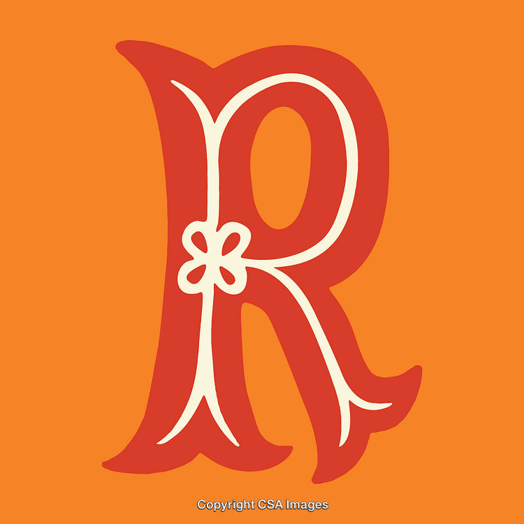 Decorative Letter R on Vibrant Orange Background with Floral Accent