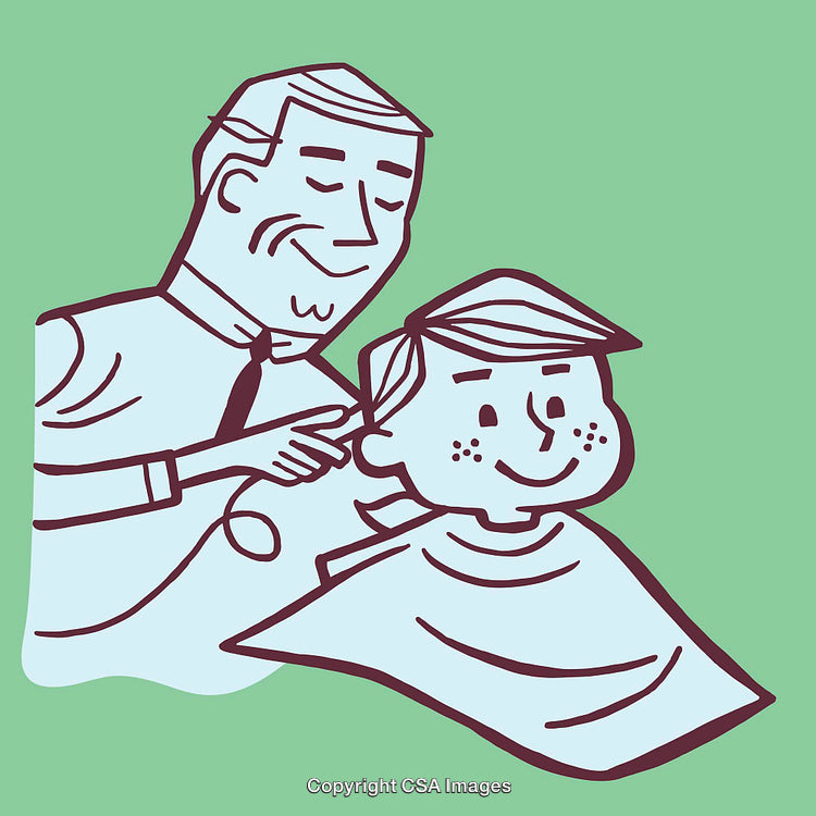Illustration of a Barber Cutting Hair of a Smiling Child