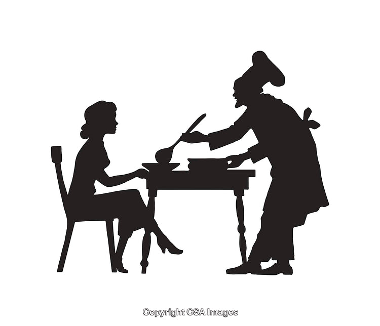 Silhouette of Chef Serving Meal to Seated Woman at Table
