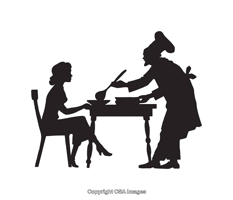 Silhouette of Chef Serving Meal to Seated Woman at Table