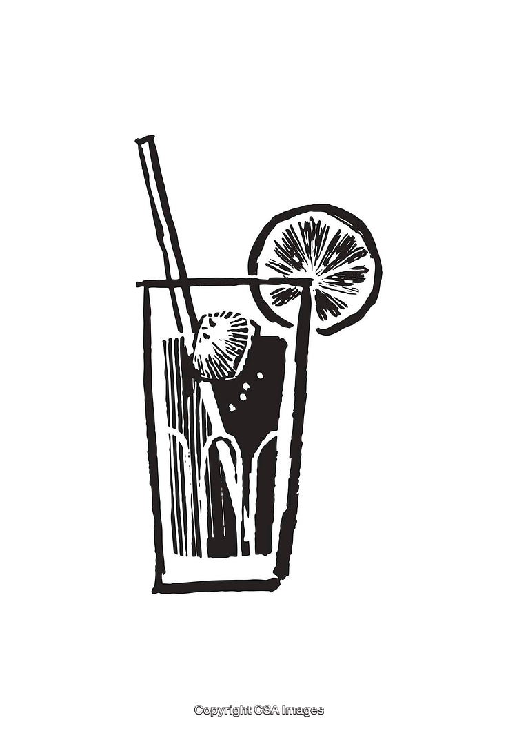 Black and White Line Art of a Refreshing Drink with Citrus Garnish