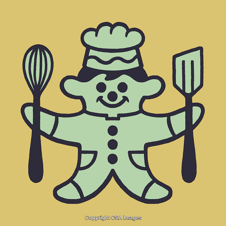Whimsical Green Chef Icon Holding Cooking Utensils on Yellow Background