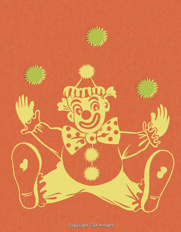 Fun Juggling Circus Clown Design with Bright Colors and Playful Vibes