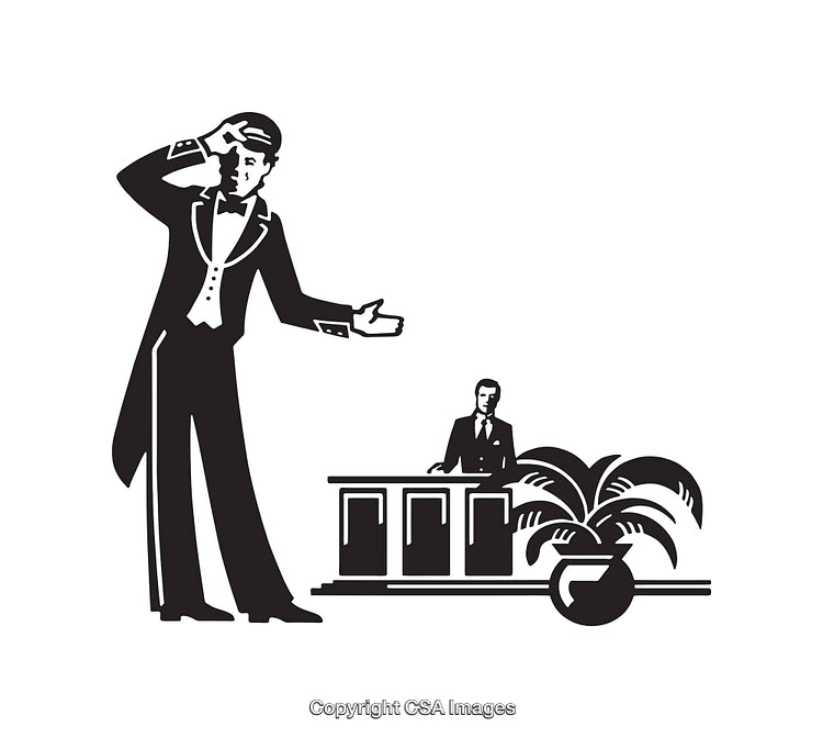Elegant Scene Depicting a Concierge and Guest Interaction in Black and White