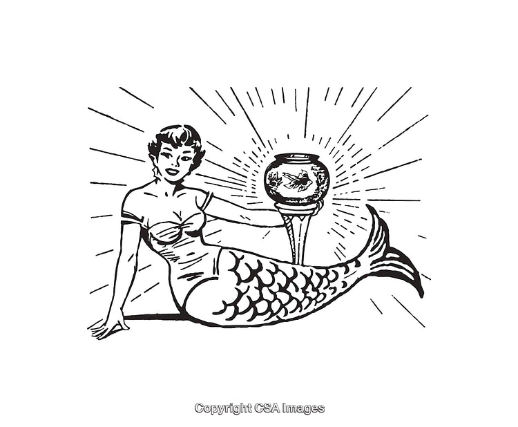 Black and White Line Art of Mermaid with Decorative Fish Bowl