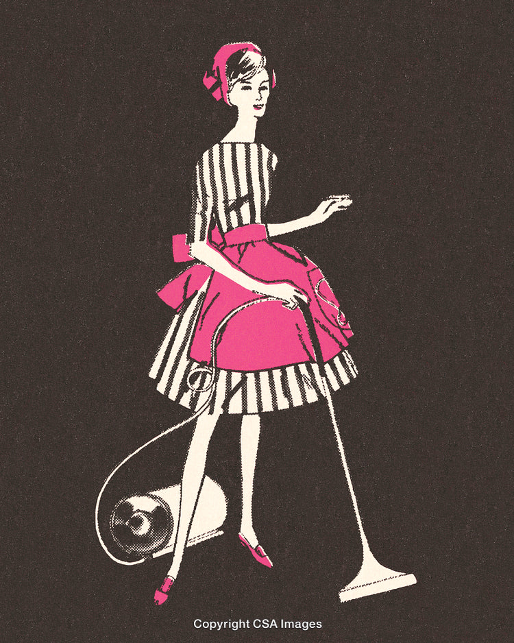 Retro Illustration of a Woman in Striped Dress and Pink Apron Using Vacuum