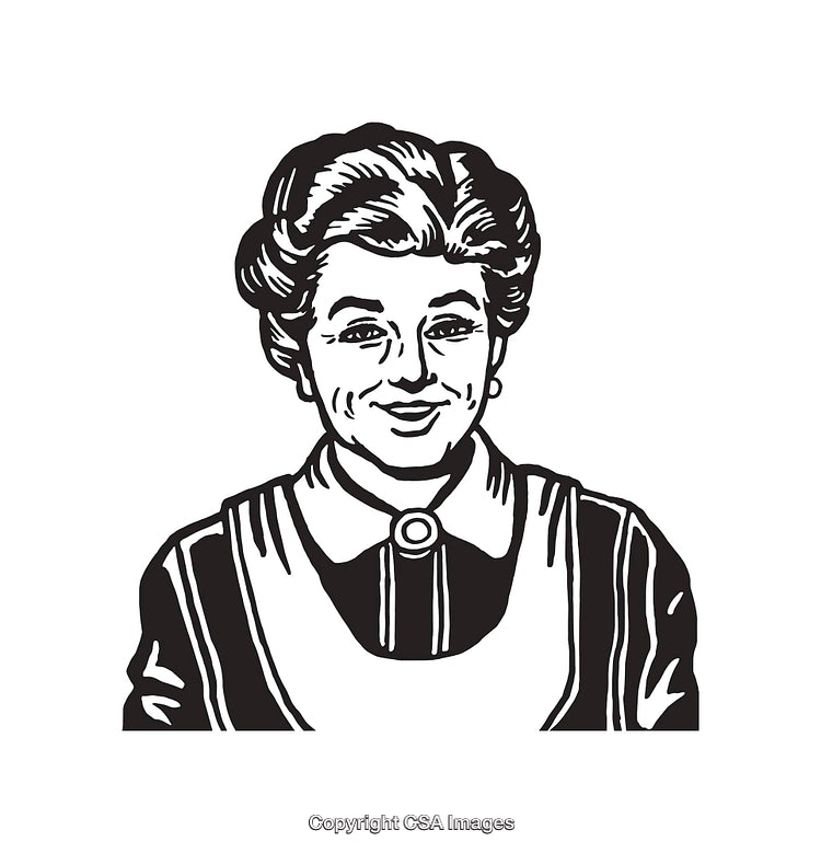 Vintage Line Art Illustration of a Smiling Woman in Period Clothing