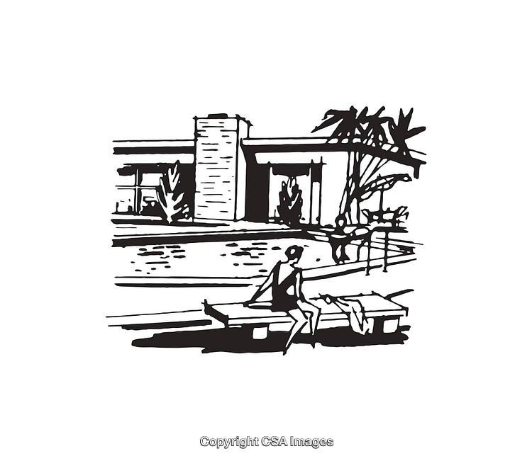 Black and White Illustration of Poolside Scene with Modern Architecture