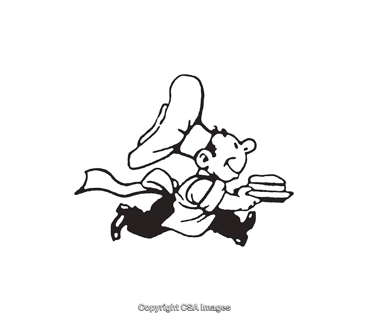 Black and White Line Art of a Running Chef Carrying Food