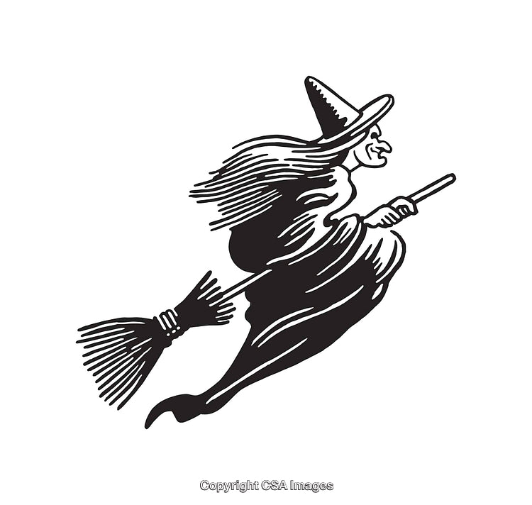 Black and White Illustration of a Witch Riding a Broomstick