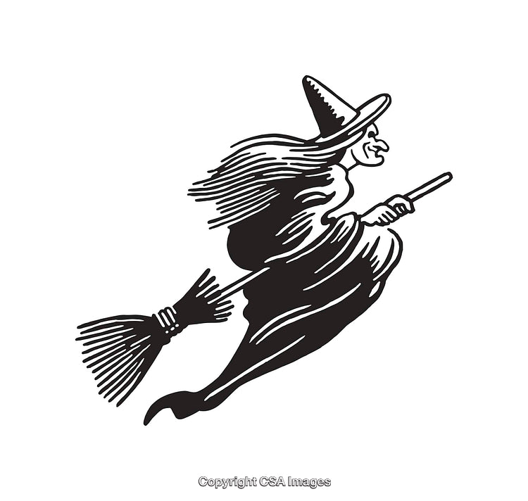 Black and White Illustration of a Witch Riding a Broomstick