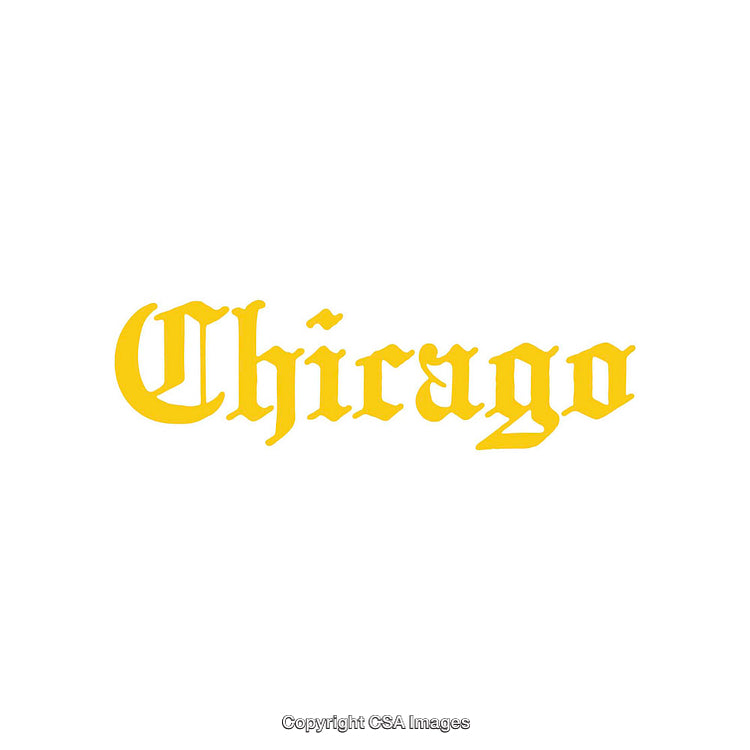 Bright Yellow Gothic Text Display Reading 'Chicago' on White Background