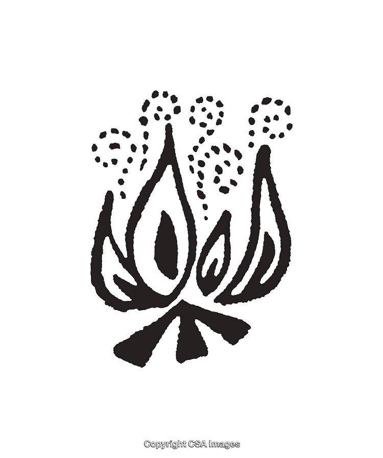 Stylized Black and White Line Art Depicting a Decorative Flame Motif